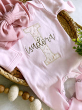 Load image into Gallery viewer, Personalized baby girl romper and hat set, vintage floral infant coming home outfit, baby shower gift, sleeper with footies, custom name