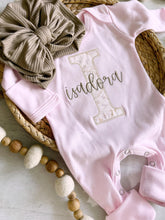 Load image into Gallery viewer, Personalized baby girl romper and hat set, vintage floral infant coming home outfit, baby shower gift, sleeper with footies, custom name