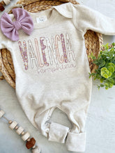 Load image into Gallery viewer, Personalized baby girl romper and bow, pink infant girl coming home outfit, custom name, baby shower gift, sleeper with footies, purple