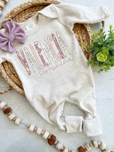 Load image into Gallery viewer, Personalized baby girl romper and bow, pink infant girl coming home outfit, custom name, baby shower gift, sleeper with footies, purple