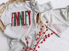 Load image into Gallery viewer, Personalized Newborn Baby Outfit | Gray Romper Baby Name Christmas Plaid Edition