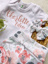 Load image into Gallery viewer, Personalized Baby Girl Outfit | White Bodysuit With Blush Baby Name And Floral Accents