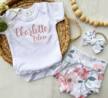 Load image into Gallery viewer, Personalized Baby Girl Outfit | White Bodysuit With Blush Baby Name And Floral Accents