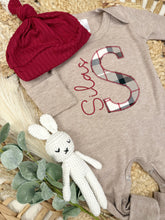 Load image into Gallery viewer, Personalized Baby Boy Name Outfit | Mocha Brown Romper Red Plaid Initial
