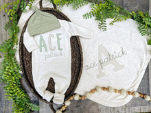 Load image into Gallery viewer, Personalized Baby Boy Outfit | Oatmeal Romper Green Beige Neutral Baby Name
