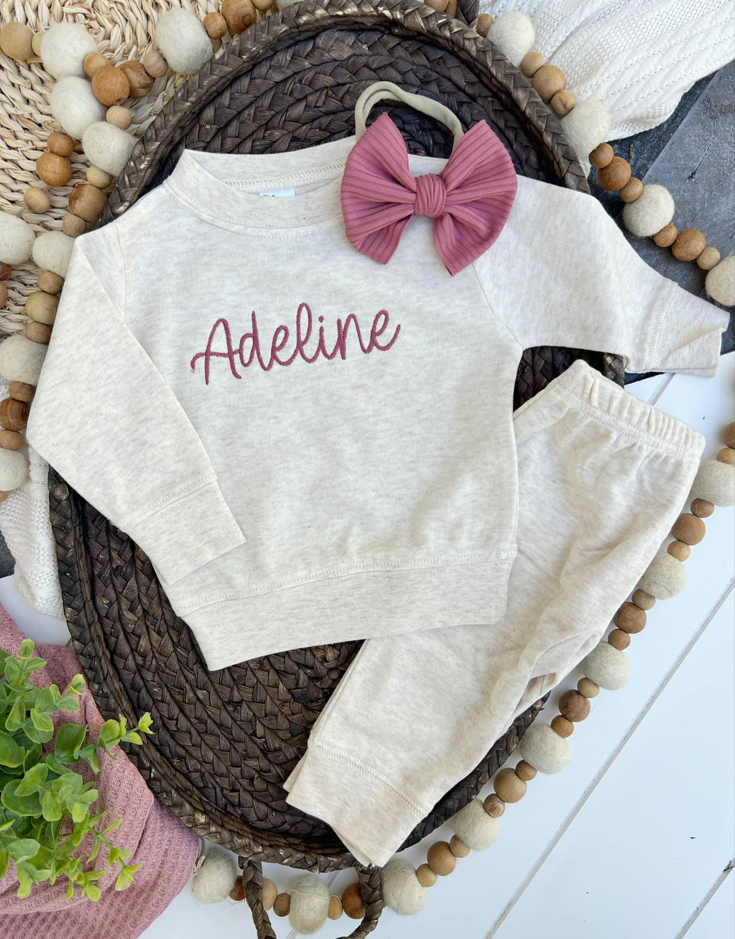 Personalized Baby Name Sweatshirt Set | Oatmeal Pullover Pink - Adeline