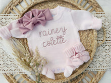 Load image into Gallery viewer, Personalized Baby Girl Newborn Outfit | Pink Sweater Bubble Romper Baby Name
