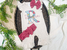 Load image into Gallery viewer, Personalized Baby Girl Outfit | Oatmeal Flutter Sleeve Ruffle Romper Floral Bright Blue Baby Name
