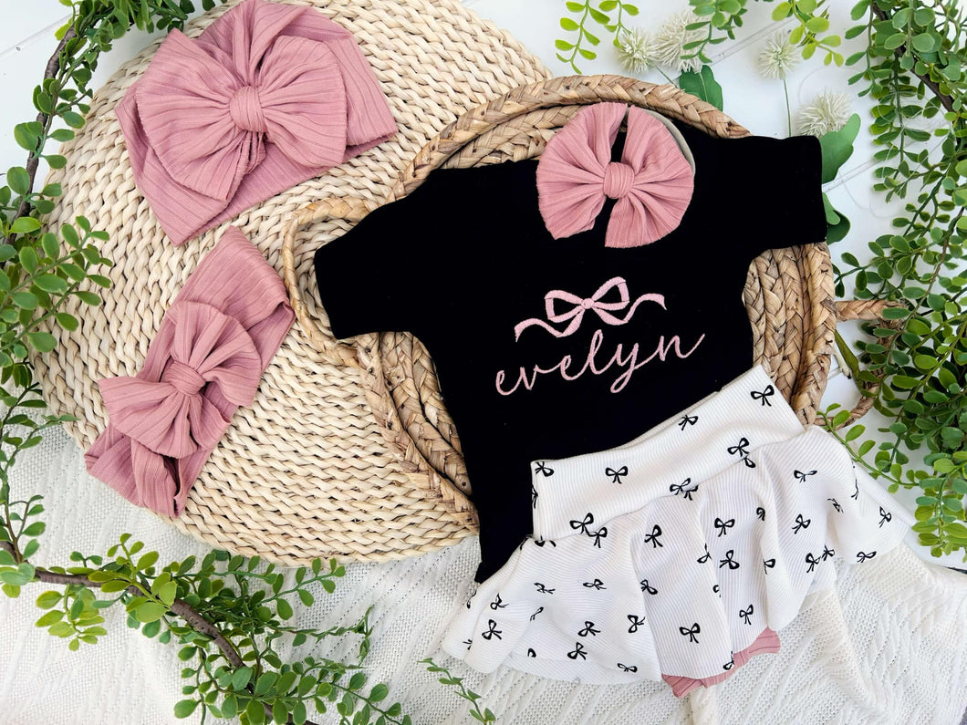 Personalized Baby Girl Outfit | Black Bodysuit Black Bow Skirt Baby Name- Evelyn