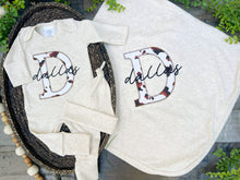 Load image into Gallery viewer, Personalized Baby Boy Outfit | Oatmeal Romper With Cow Print Initial and Baby Name
