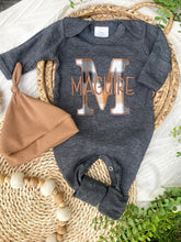 Load image into Gallery viewer, Personalized Baby Boy Name Outfit | Charcoal Gray Romper Tan Gray Plaid Initial
