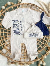 Load image into Gallery viewer, Personalized Baby Boy Newborn Outfit | Oatmeal Zip Romper Custom Color Baby Name

