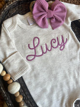 Load image into Gallery viewer, Personalized Baby Girl Outfit | Oatmeal Beige Romper Ellison Purple Chunky Chain Stitch Baby Name - Lucy
