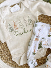 Load image into Gallery viewer, Personalized Baby Boy Outfit | Oatmeal Bodysuit Simple Trees Custom Name
