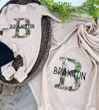 Load image into Gallery viewer, Personalized Baby Boy Name Outfit | Mocha Brown Romper Camo Initial
