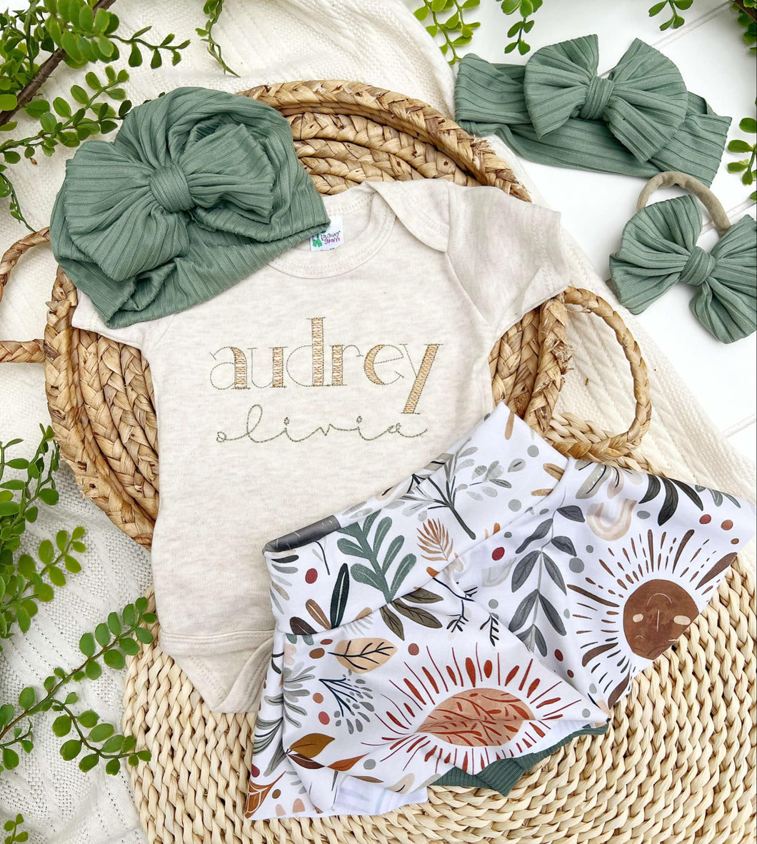 Personalized Baby Girl Outfit | Oatmeal Bodysuit Floral Sage Green Skirt Baby Name