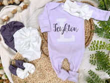 Load image into Gallery viewer, Personalized Baby Girl Outfit | Purple Romper White Lace Initial Purple Baby Name
