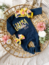 Load image into Gallery viewer, Personalized Baby Girl Outfit | Navy Romper Yellow Floral Purple Pink Baby Name
