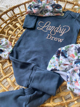 Load image into Gallery viewer, Baby Girl Outfit | Navy Romper - Pink White Blue Floral Baby Name
