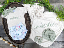 Load image into Gallery viewer, Personalized Baby Girl Outfit | Oatmeal Beige Bodysuit Sage Green Floral Baby Name
