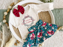 Load image into Gallery viewer, Baby&#39;s First Christmas Girl Outfit | Oatmeal Bodysuit Christmas Floral Skirt - Merry Christmas
