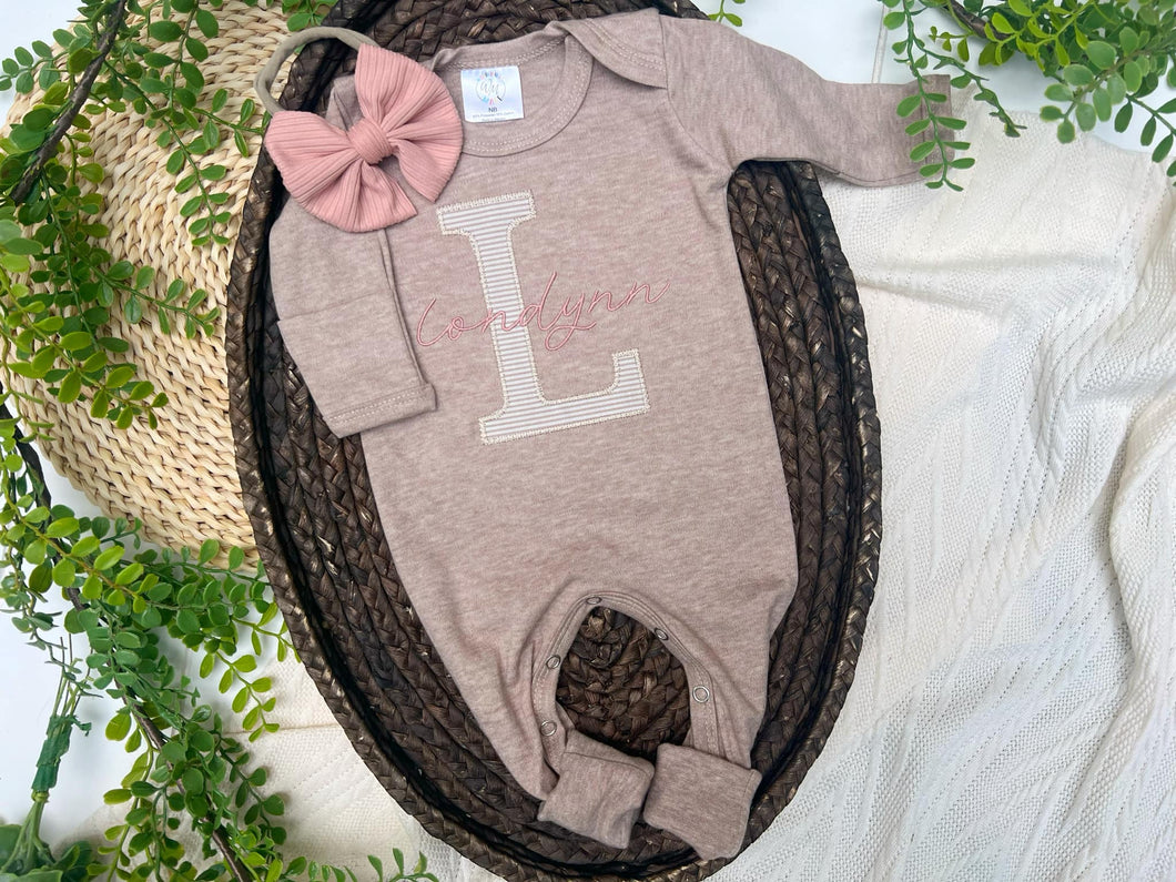 Personalized Baby Girl Outfit | Mocha Brown Romper Beige Stripe Letter Pink Baby Name