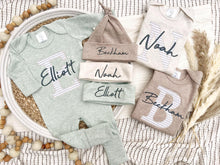 Load image into Gallery viewer, Personalized Baby Boy Outfit | Oatmeal, Sage, Mocha Romper Beige Stripe Initial Baby Name
