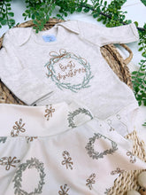 Load image into Gallery viewer, Baby&#39;s First Christmas Girl Outfit | Oatmeal Bodysuit Christmas Wreath Skirt
