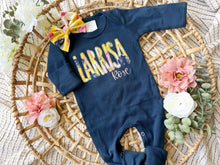 Load image into Gallery viewer, Personalized Baby Girl Outfit | Navy Romper Yellow Floral Purple Pink Baby Name
