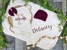 Load image into Gallery viewer, Personalized Baby Girl Outfit | Oatmeal Romper Tan Burgundy Floral Initial Custom Baby Name
