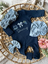 Load image into Gallery viewer, Baby Girl Outfit | Navy Romper - Country Cottage Style Blueberries Baby Name
