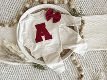 Load image into Gallery viewer, Personalized Baby Sweatshirt Set | Oatmeal Pullover Red Letter Game Day Baby Name
