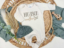 Load image into Gallery viewer, Personalized Baby Boy Newborn Outfit | Natural Oatmeal Romper Duck Baby Boy Name

