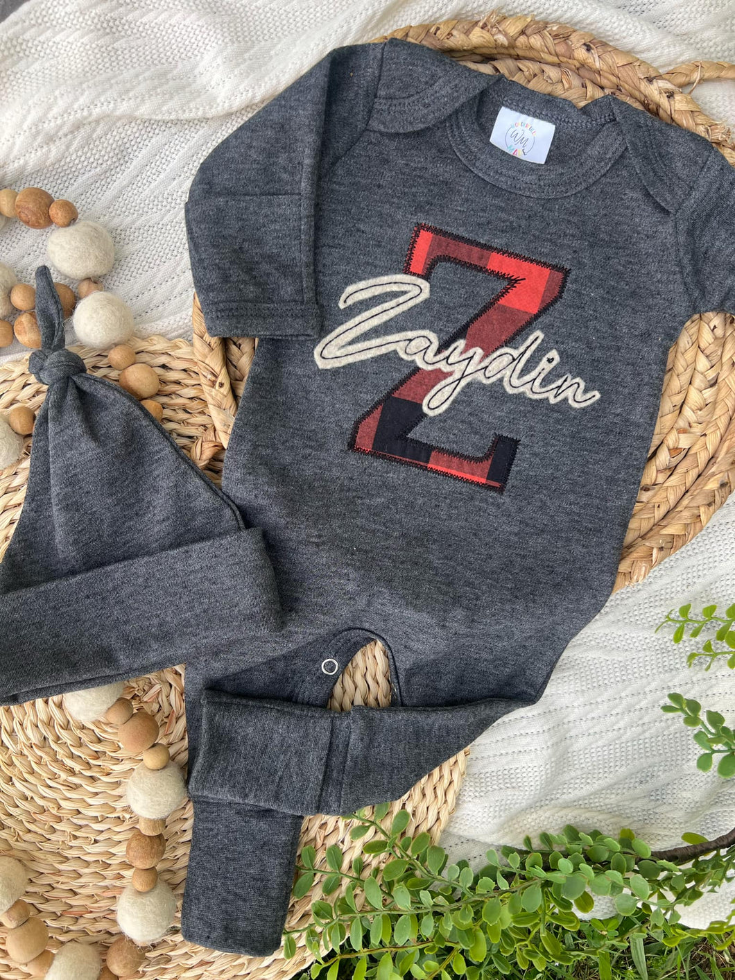 Personalized Baby Boy Name Outfit | Charcoal Gray Romper Red Buffalo Plaid Initial Tan Felt Name