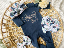 Load image into Gallery viewer, Baby Girl Outfit | Navy Romper - Pink White Blue Floral Baby Name
