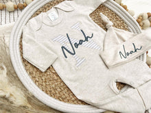 Load image into Gallery viewer, Personalized Baby Boy Outfit | Oatmeal, Sage, Mocha Romper Beige Stripe Initial Baby Name
