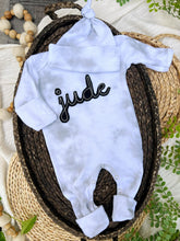 Load image into Gallery viewer, Personalized Newborn Baby Boy Outfit | Mist Smoke Gray Romper Rust Felt Baby Name
