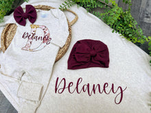 Load image into Gallery viewer, Personalized Baby Girl Outfit | Oatmeal Romper Tan Burgundy Floral Initial Custom Baby Name
