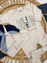 Load image into Gallery viewer, Personalized Baby Boy Outfit | Oatmeal Romper Blue Beige Plaid Neutral Baby Name
