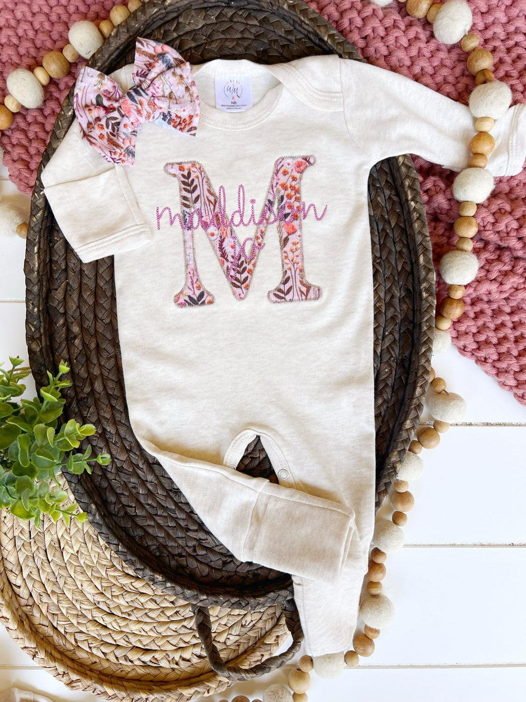 Personalized Baby Girl Outfit | Oatmeal Romper Floral Purple Pink Baby Initials - Madison Harper