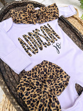 Load image into Gallery viewer, Personalized Baby Girl Outfit | Purple Romper Leopard Print Baby Name
