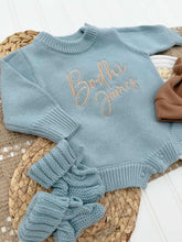 Load image into Gallery viewer, Personalized Baby Boy Outfit | Sweater Bubble Romper Blue Baby Name
