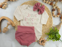 Load image into Gallery viewer, Baby Girl Outfit | Oatmeal Bodysuit Jesus Love Me
