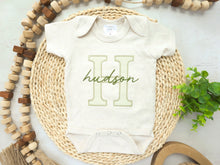 Load image into Gallery viewer, Personalized Baby Boy Outfit | Oatmeal Beige Bodysuit Green Stripes Big Letter Custom Name - Hudson Green
