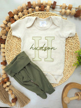 Load image into Gallery viewer, Personalized Baby Boy Outfit | Oatmeal Beige Bodysuit Green Stripes Big Letter Custom Name - Hudson Green
