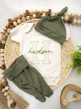 Load image into Gallery viewer, Personalized Baby Boy Outfit | Oatmeal Beige Bodysuit Green Stripes Big Letter Custom Name - Hudson Green
