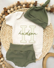 Load image into Gallery viewer, Personalized Baby Boy Outfit | Oatmeal Beige Bodysuit Green Stripes Big Letter Custom Name - Hudson Green
