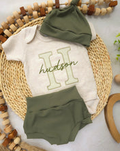 Load image into Gallery viewer, Personalized Baby Boy Outfit | Oatmeal Beige Bodysuit Green Stripes Big Letter Custom Name - Hudson Green
