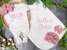 Load image into Gallery viewer, Personalized Beige Pink Baby Girl Outfit | Oatmeal Romper Pink Baby Name
