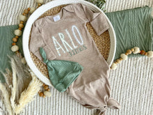 Load image into Gallery viewer, Personalized Baby Boy Outfit | Mocha Brown Knotted Gown Green Orange Custom Baby Name
